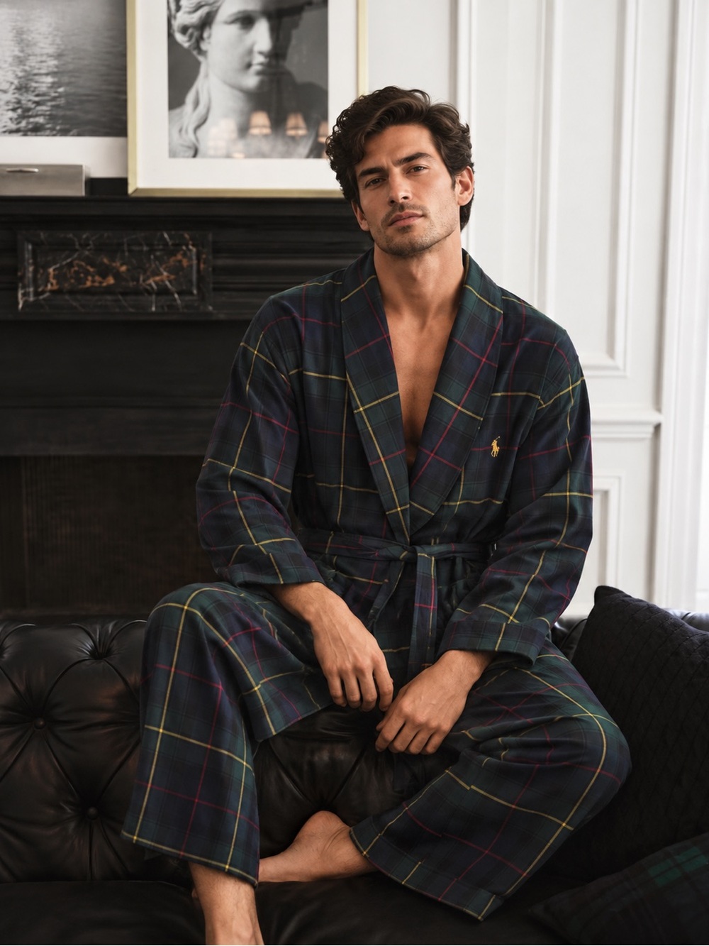 POLO RALPH LAUREN MENS BLUE GREEN PLAID COTTON ROBE SZ S / M